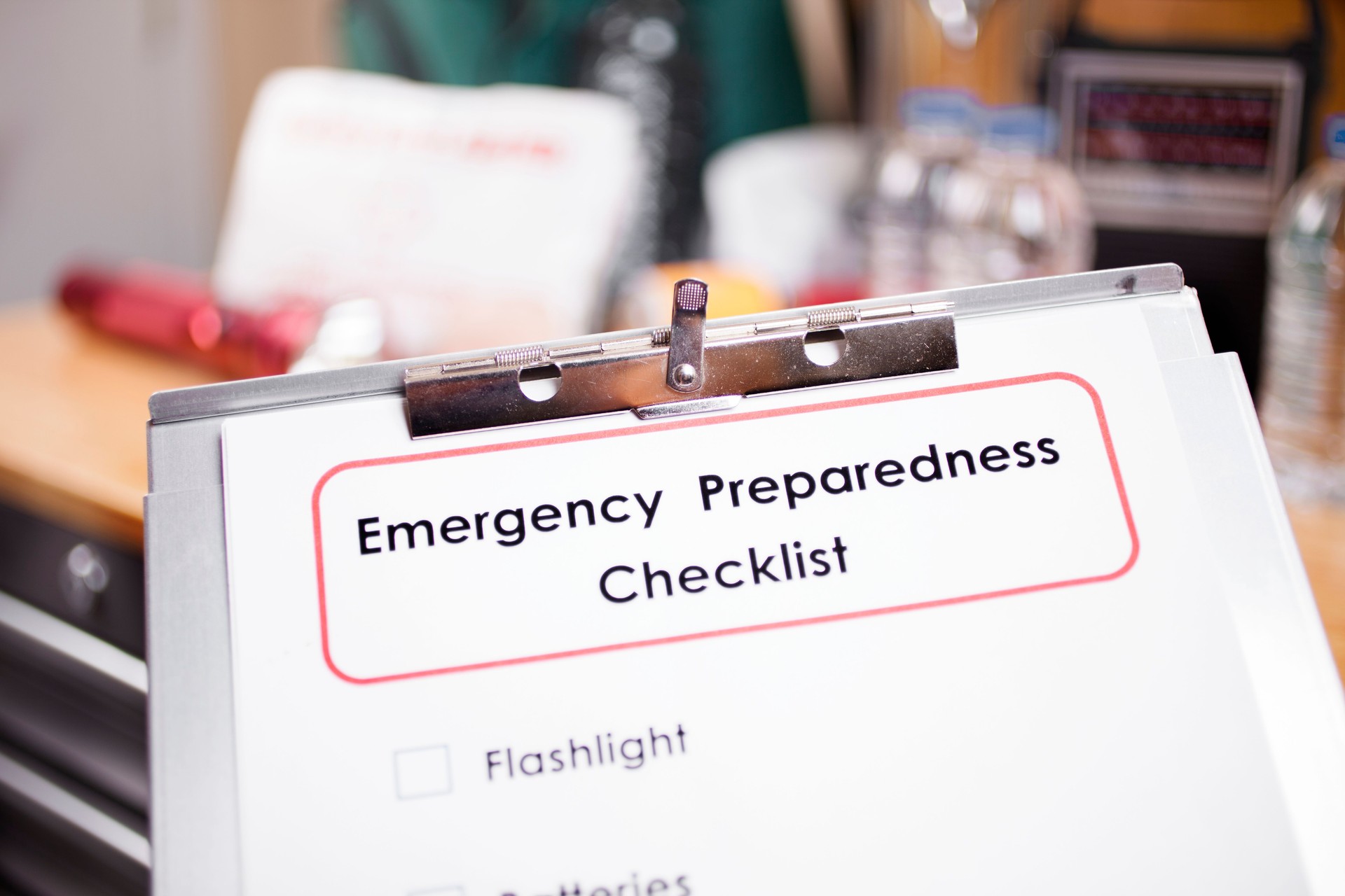 Emergency preparedness checklist and natural disaster supplies.